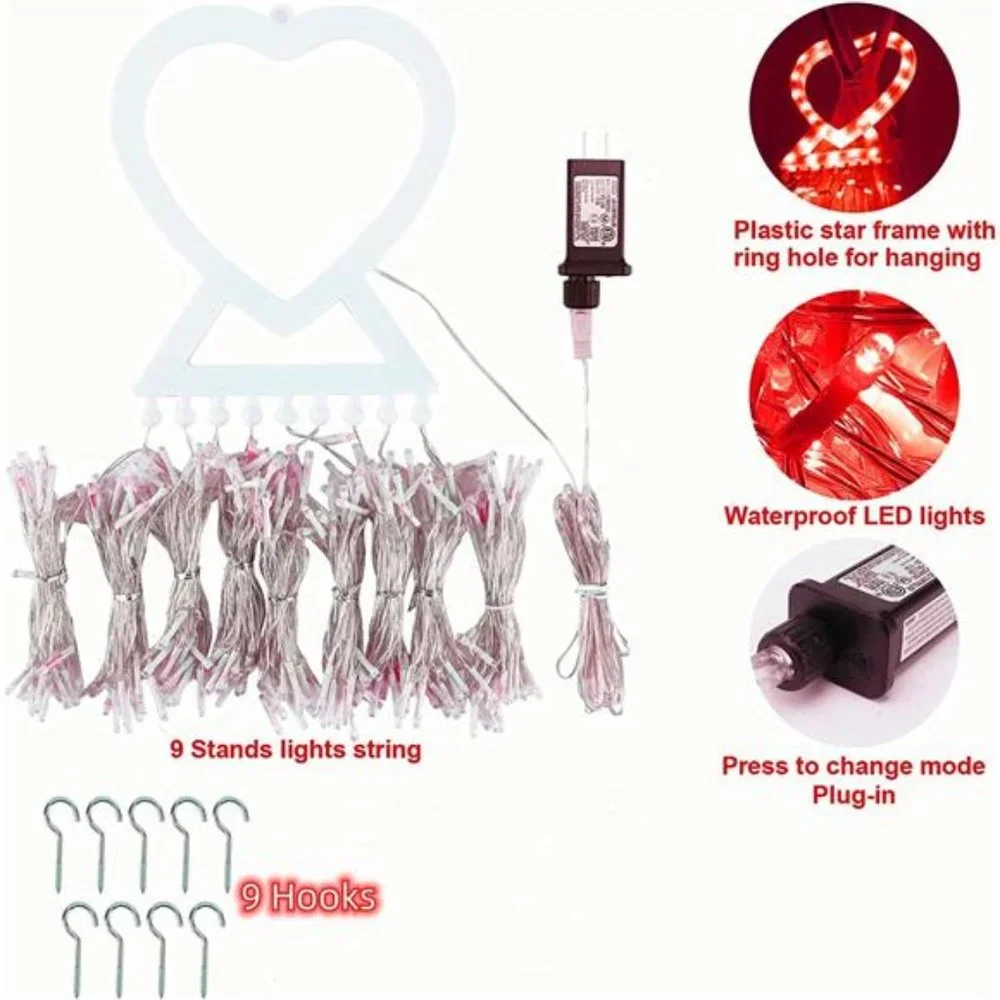 Out/Indoor Valentines Day Decor Lights,300 LED 8 Modes 29V Plug in Window Lights